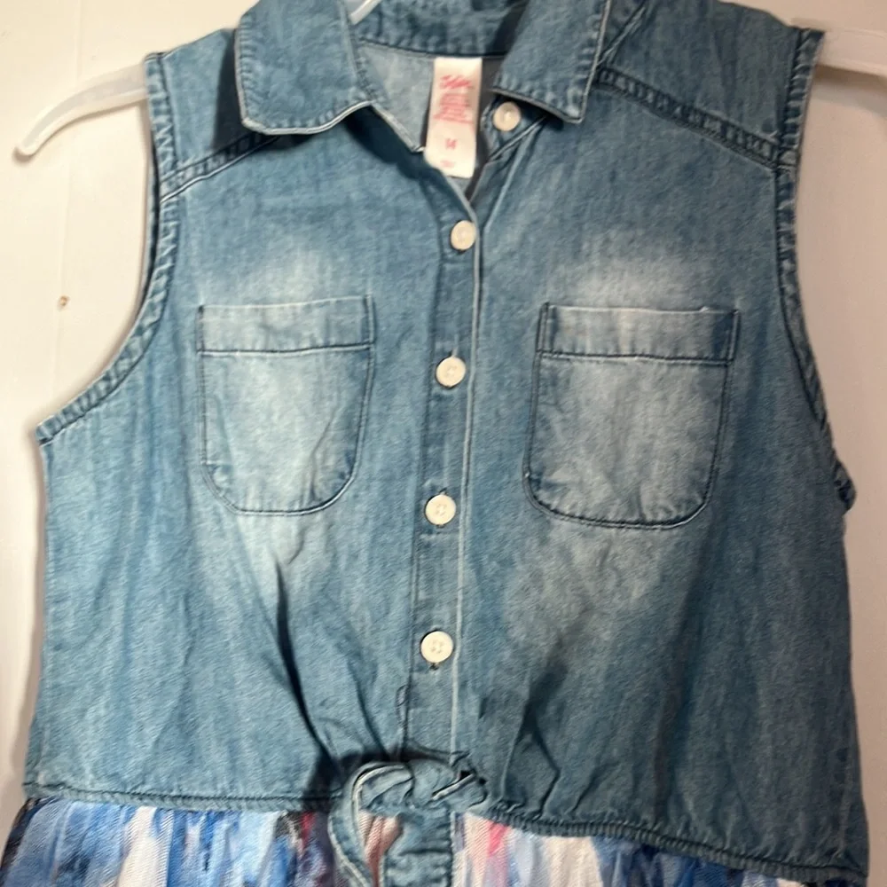 Justice denim & floral toule layered dress spring summer size 14 sleeveless flaw